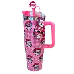 🧑‍🎄40oz Pink Bling Rhinestone Santa Claus studded with lid-Straw tumbler